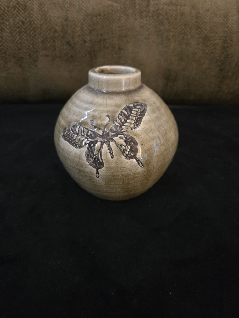 Glazed Bud Vase with Butterfly Motif - Beige Pottery